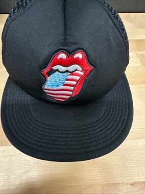 Black Trucker Hat with American Flag Tongue Patch Rolling Stone